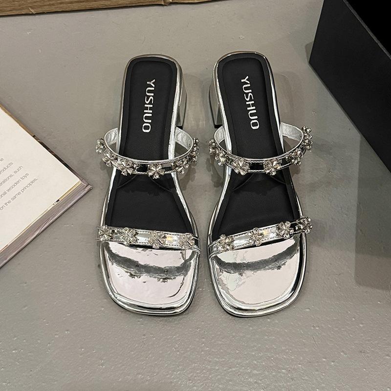 Summer sandals women's thick heels high heels rhinestone outer wear open toes new word belt 2025 with skirt sandals