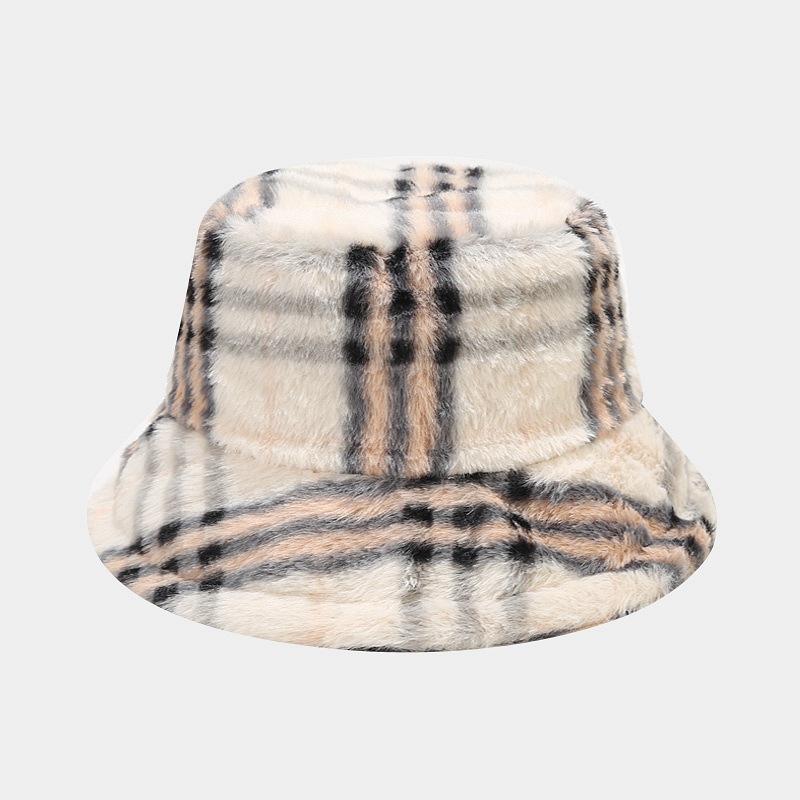 Autumn and Winter New Fisherman's Hat Women's European and American Plaid Pattern Fluffy Basin Hat Outdoor Thermal Visor Tide