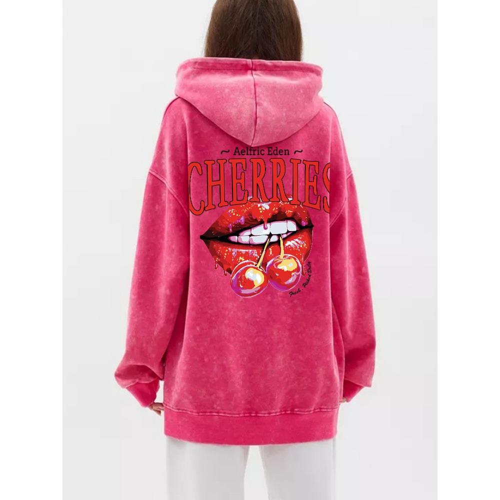 Oversized Womens Washed Hoodie Cherries On The Lips Print Pullover Comfortable Warm Cotton Sweatshirts Streetwear