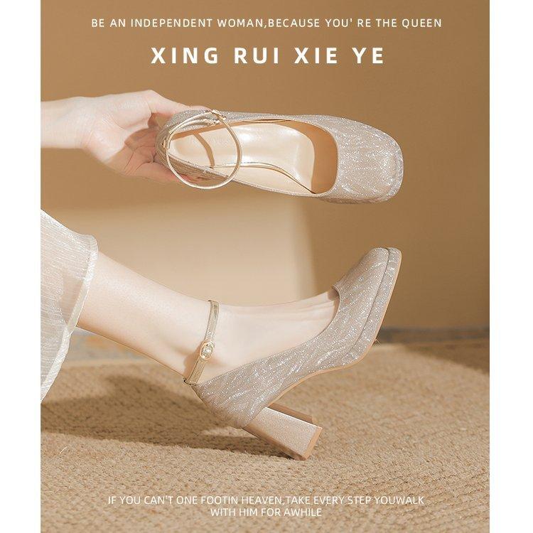 A straight buckle platform fine flash spring new high heels Mary Jane premium sense square toe block heels women