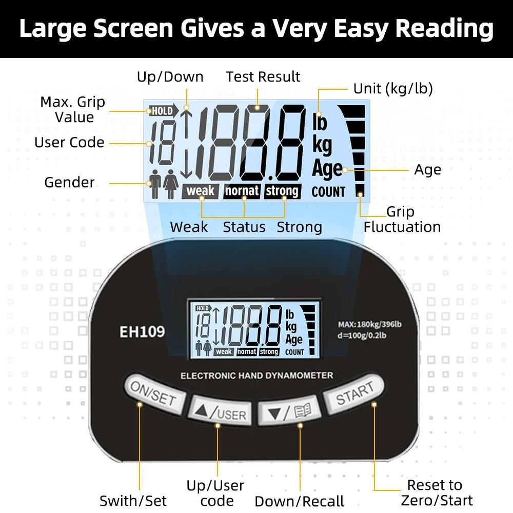 265Lbs/120Kg Lcd Screen Grip Strength Meter For Men And Women Tester Digital Hand Dynamometer Training Rechargeable Dual Purpose