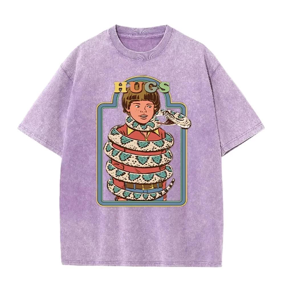 Vintage "Hugs" Snake Boy Print Washed Brown Retro Funny Casual T Shirt