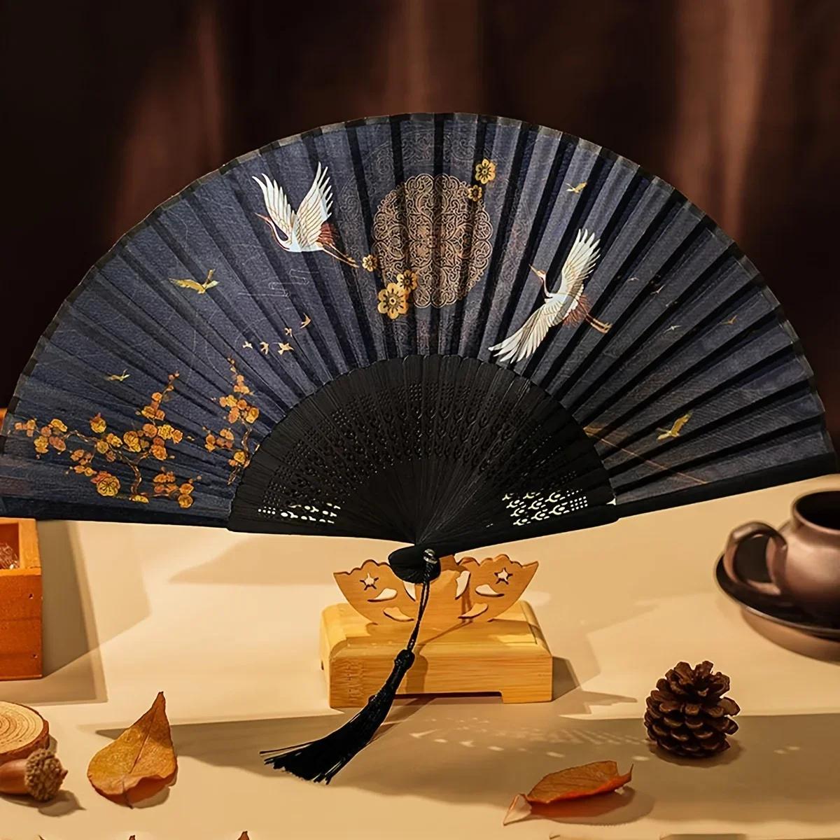 1pc-Handheld Folding Fan Beautiful Folding Summer Handheld Tassel Fan Silk Cloth with Tassel Dance тёмно-синий
