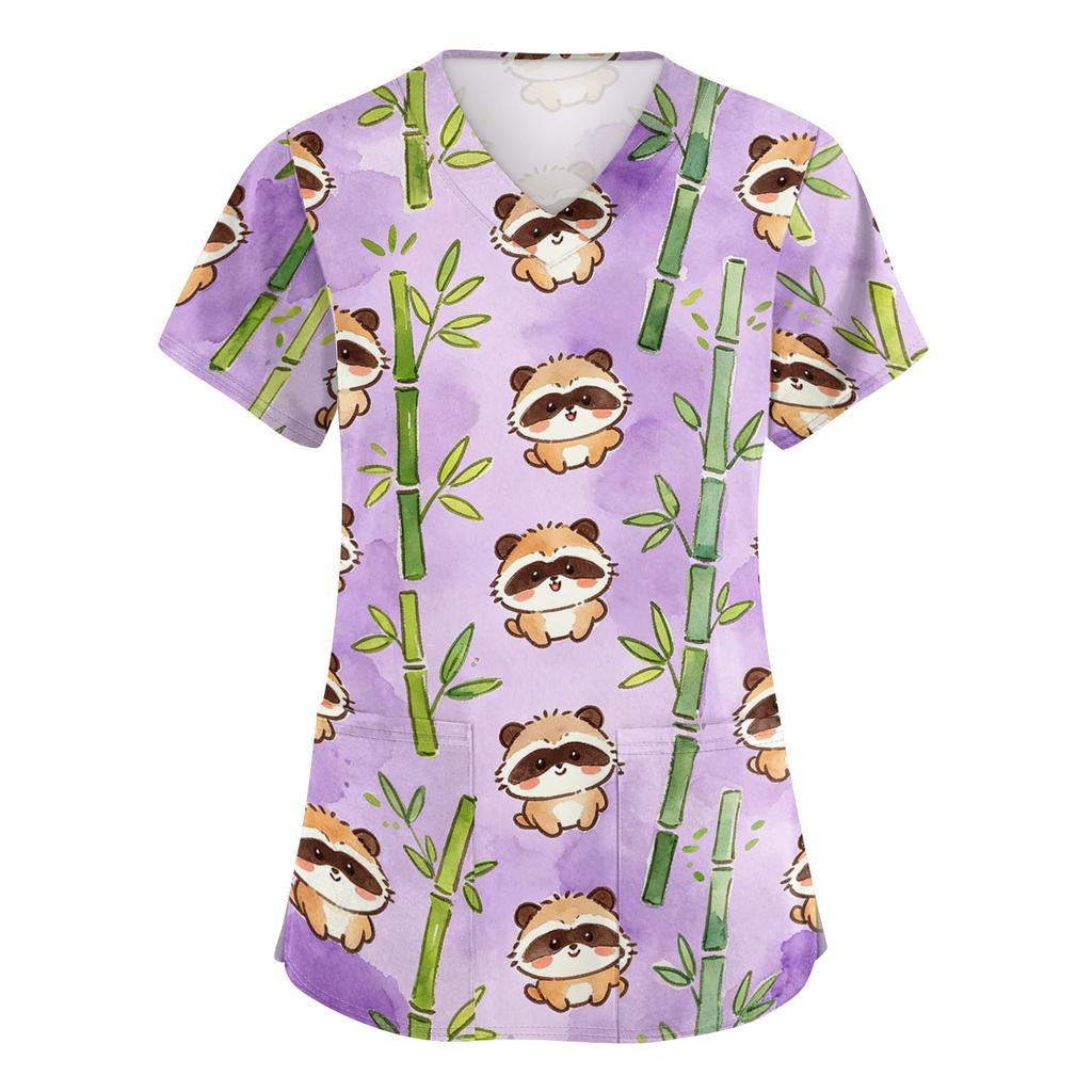 Women's V Neck Short Sleeve Work Top with Pockets Cute Animal Print Medical Scrub Shirt for Healthcare Professionals Nursing Uniform