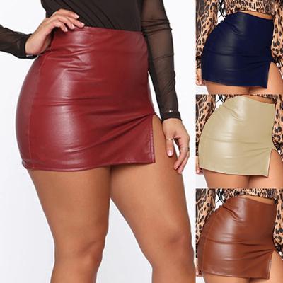 Solid Color Hidden Zipper Mini Skirt Faux Leather High Waist Split Skinny Skirt Streetwear