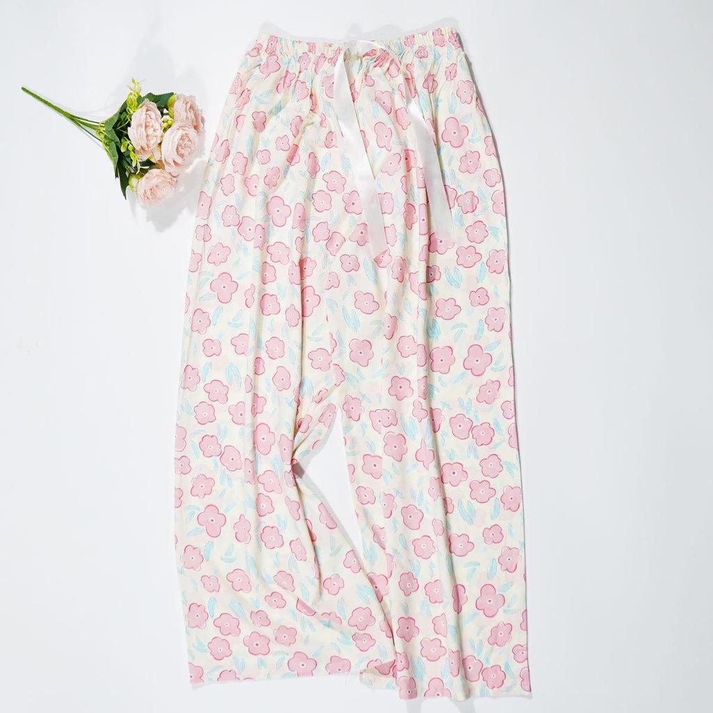 Women's Summer Cotton Silk Nine-Point Wide-Leg Pajama Pants - Plus Size, Loose, Breathable, Cooling, Ideal for Beach and Air Conditioning Comfort