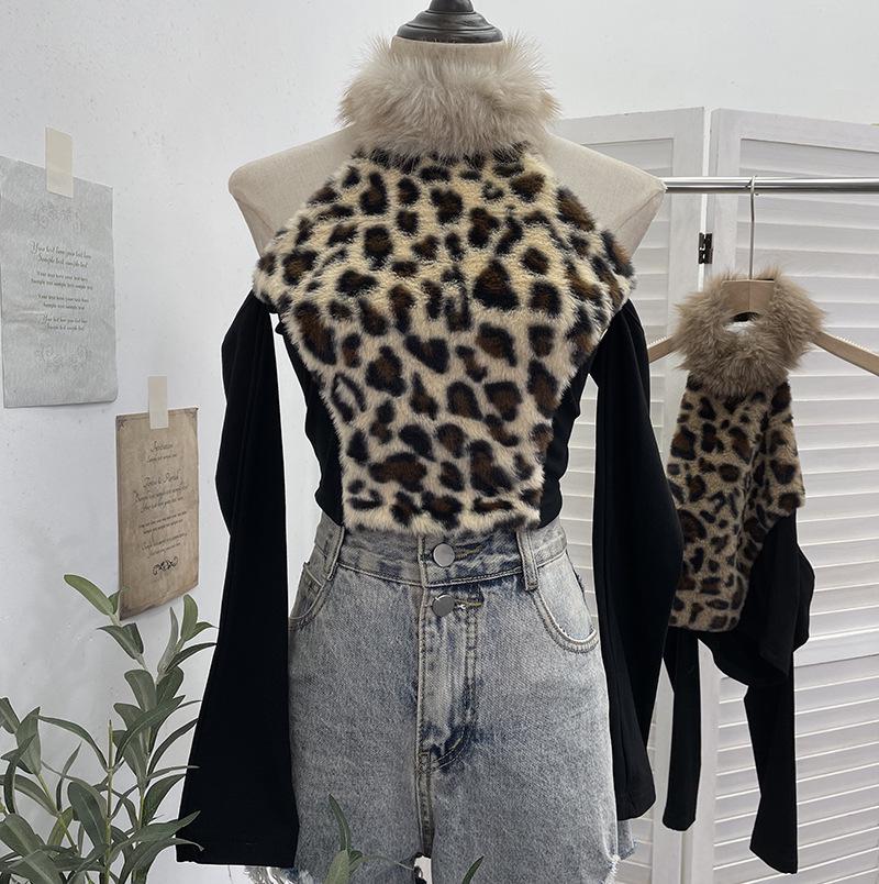 Leopard Print Fluffy Off-Shoulder Long Sleeve Halter Neck Women's Retro Short Top