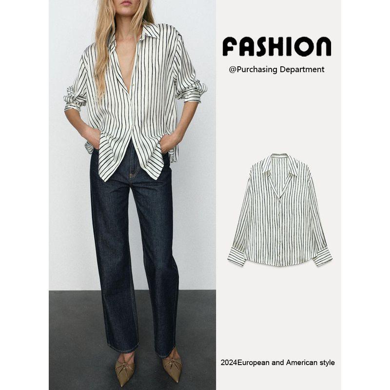 Za2025 Spring New Women's Clothing All-Matching Striped Silk Satin Texture Long Sleeves Lapel Casual Shirt 2074140
