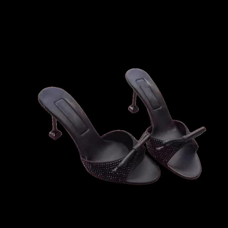 2025 New Rhinestone One-word Sandals Women's Summer European and American Catwalk High Heels Thin Heel Round Head Bow Cool Slippers