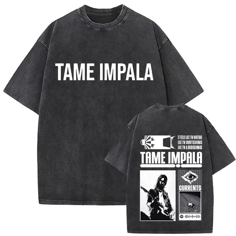 Tame Impala Tour Album Vintage Washed Tshirt Mens Hip Hop Gothic Tshirts Casual Oversized Short Sleeve T Shirt Streetwear