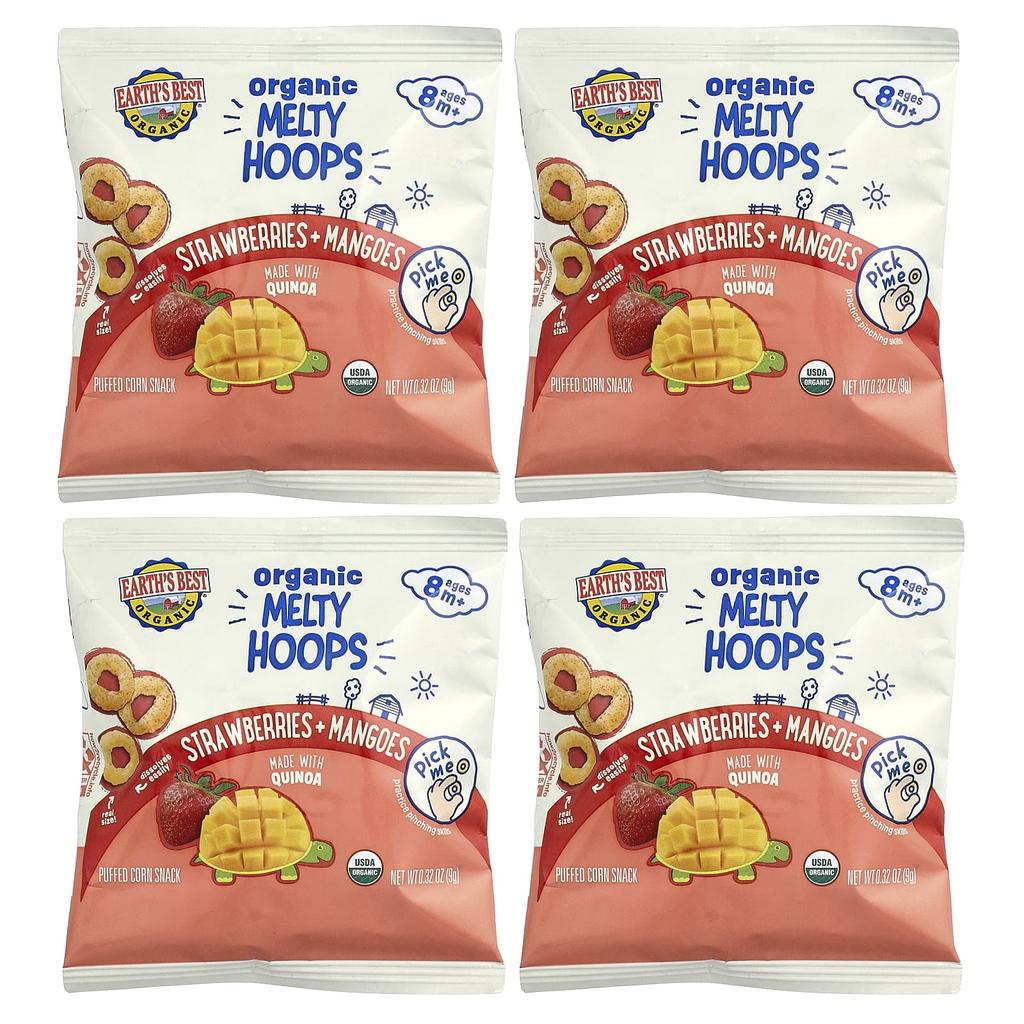 Earth's Best Organic Melty Hoops, Puffcorn Snacks, 8+ Months, Strawberry + Mango, 4 Packets, 9g (0.32oz) Each