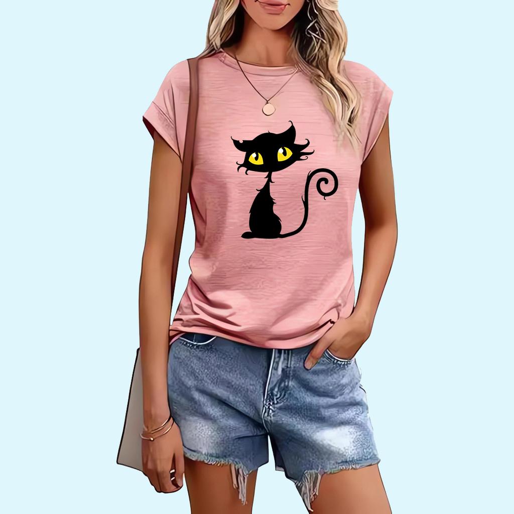 Women Fashion Cat Print T-shirt Sring&summer Casual Ladies Round Collar Tee Shirt