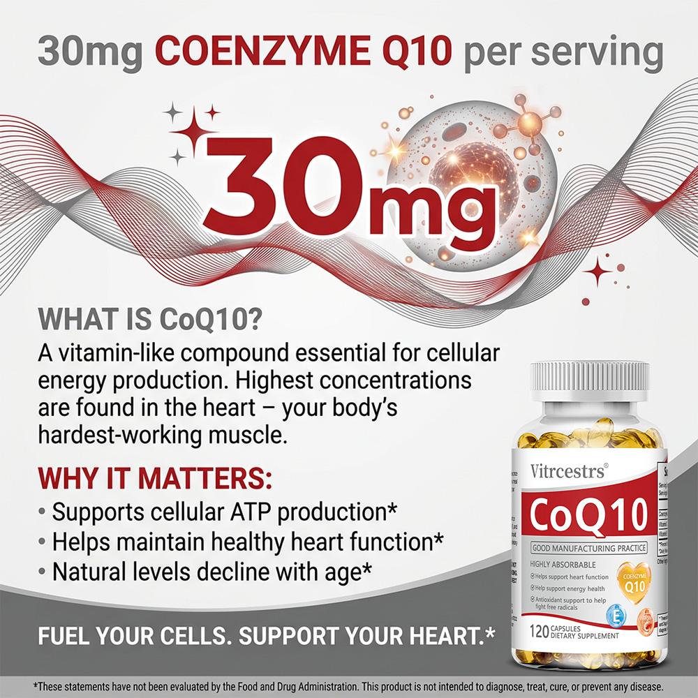 Coenzyme Q10 Dietary Supplement, With Vitamin C, Vitamin E, 120 Softgels Per Bottle