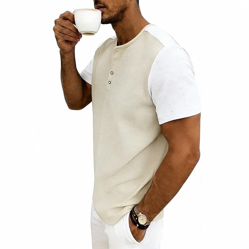 Mens Loose Short Sleeve Waffle Henley T Shirt Summer Casual Top