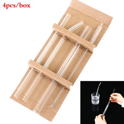 4Pc/Set Glass Straw Heat-Resistant Cold Beverage Straight Bent Reusable 200*8Mm