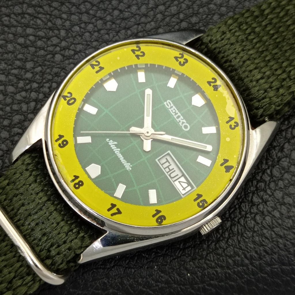 JAPAN 6349A VINTAGE SEIKO AUTOMATIC MENS GREEN COLOR DIAL WATCH a701315-5 R206a-a701315