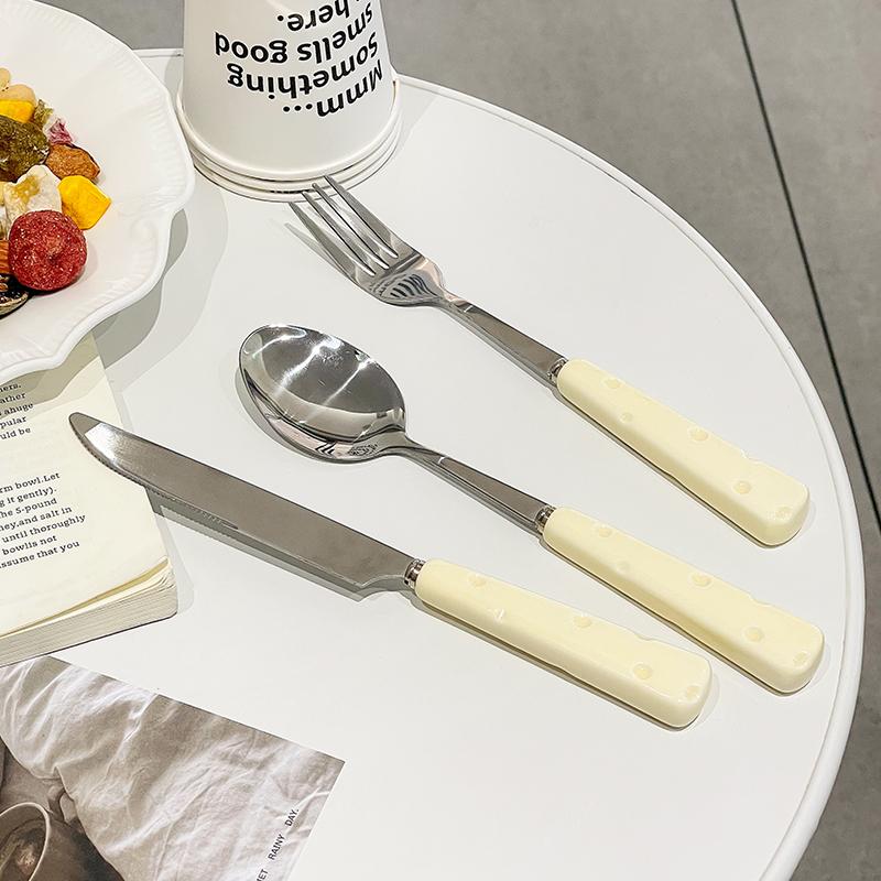 Cute Cheese Handle Tableware Set New Cream Wind Portable Outdoor Stainless Steel Steak Knife and Fork Four-piece Set