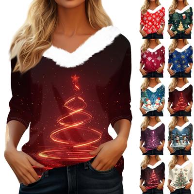 3/4 Sleeve Shirts For Women Christmas Printed Graphic Tees Blouses Casual Plus Size Basic Button Tops Pullover