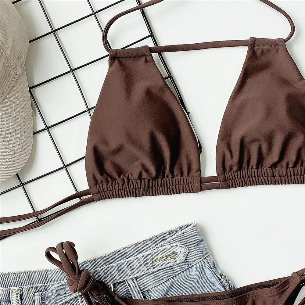 Seksowne Brązowe Stringi Halter Mikro Stringi Zestawy Bikini Sznurowany Kostium Kąpielowy Wycięty Strój Kąpielowy Kobiety 2025 Biquinis Kostium Kąpielowy Bikini