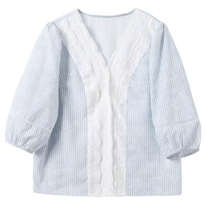 Sancai Women's Striped 3/4 Sleeve V-Neck Blouse