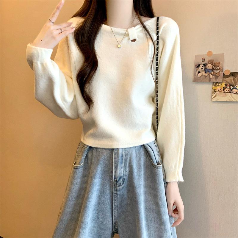 Women's French Chic Solid Color Knitwear Pullover - Long Sleeve Round Neck Sweater for Autumn/Winter