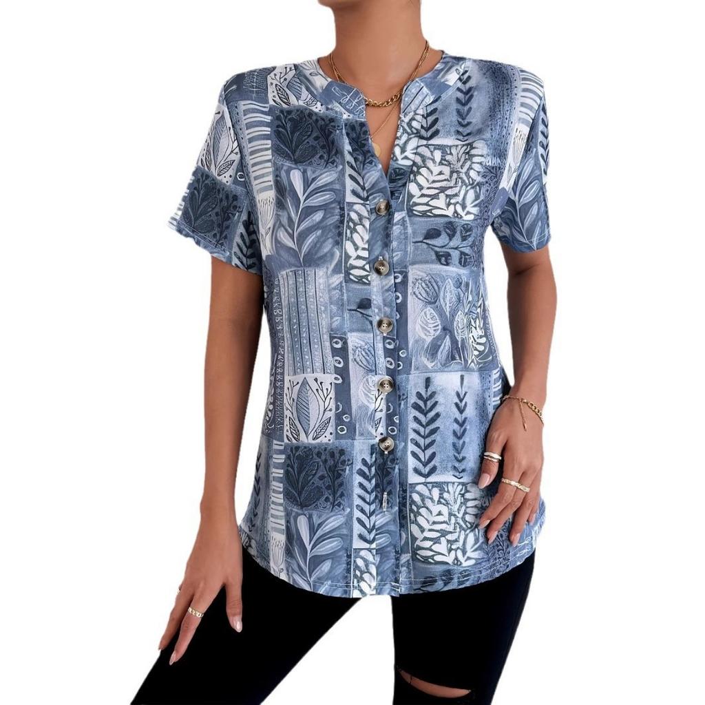 Summer Spring Women's Printed Short Sleeve Cardigan T-shirt, Fashion Casual Tops for Women, European American Style Crossbody Outwear