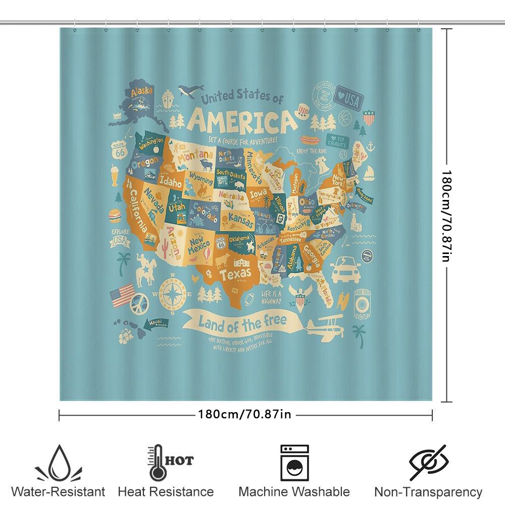 USA Karte Duschvorhang Amerikanische Staaten Reise Vintage Heimdekoration Wasserdichter Badezimmervorhang Künstlerische USA Flagge Wandbehang
