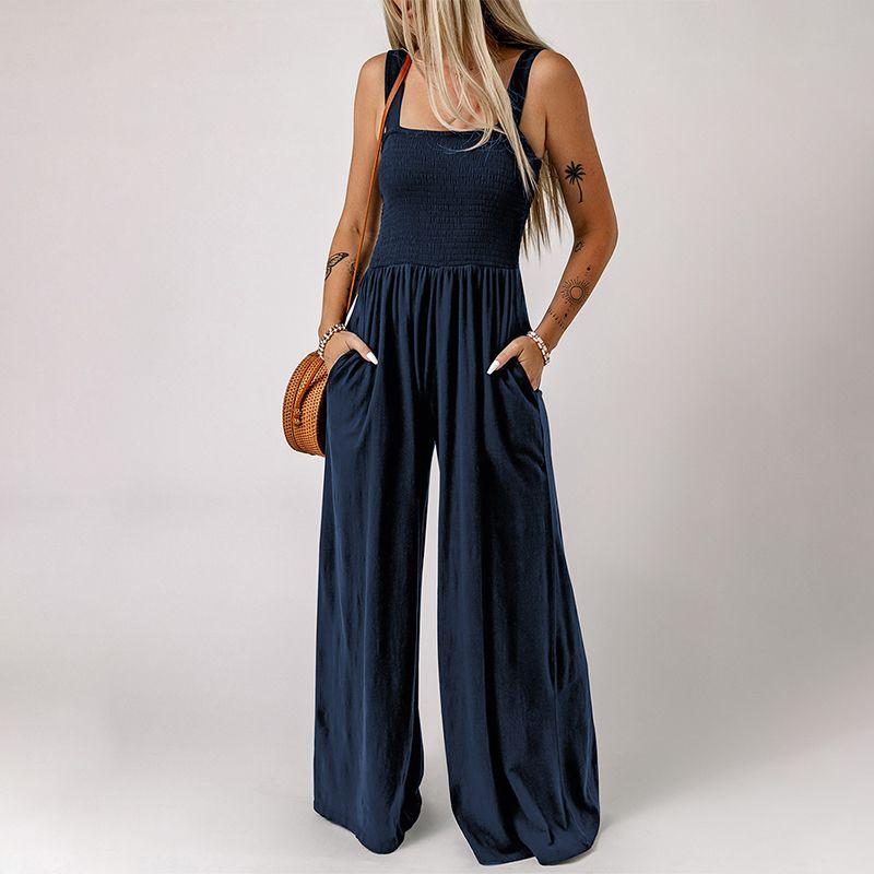2024 Summer New Arrival Black Square Collar Smocking Jumpsuit Women European and American Leisure Slim Looking Suspenders Loose Pants Women