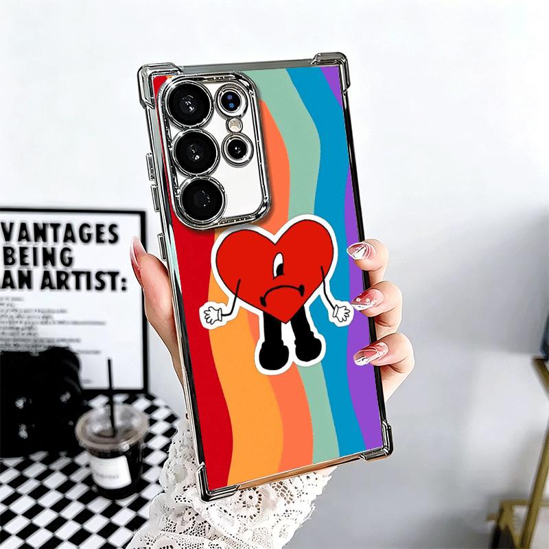Bad Bunny Heart Plating Phone Case For Samsung Galaxy S24 S25 FE S26 Edge S23 Ultra S22 S21 Plus S20 Anti-Fall Airabag Cover