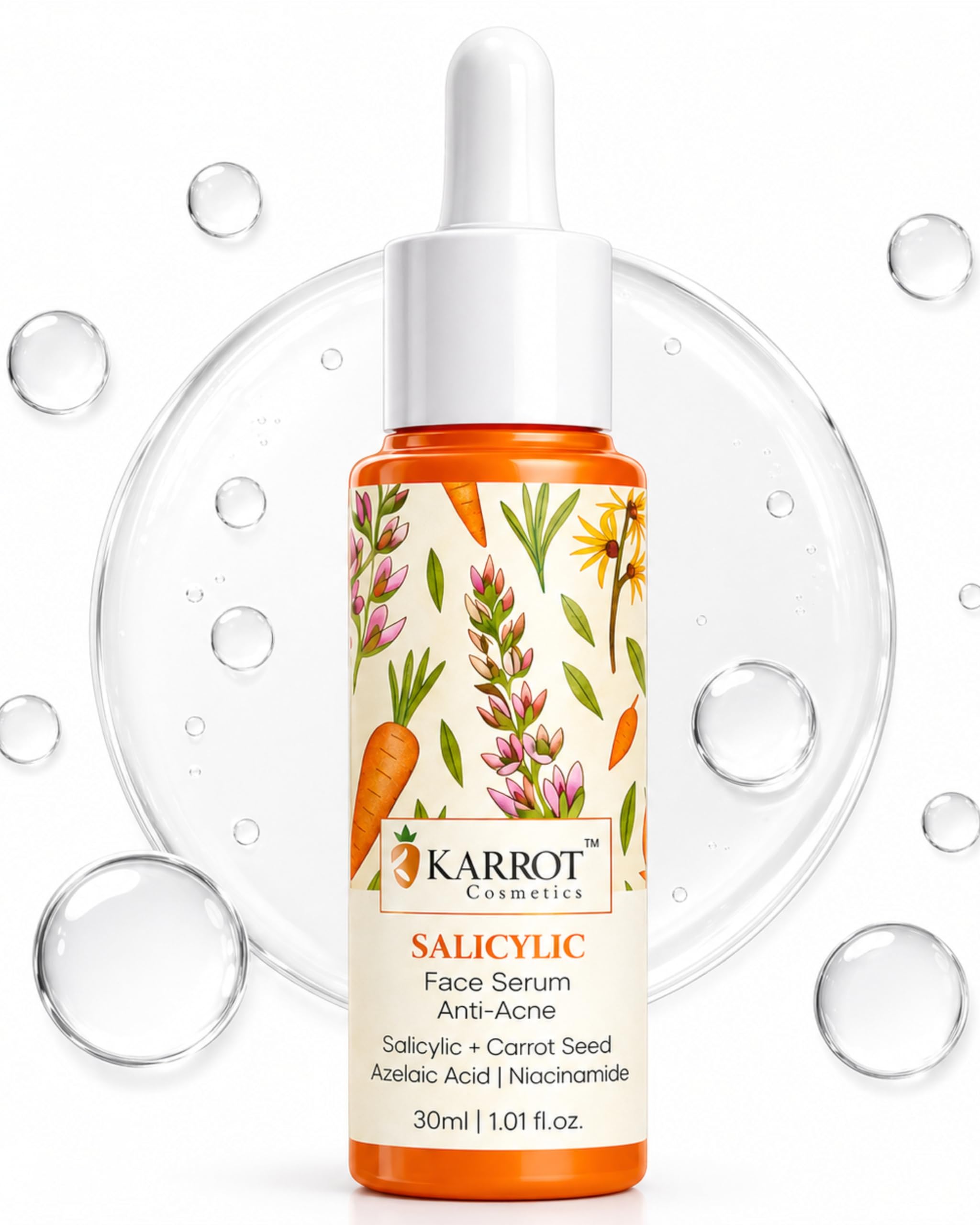 KARROT COSMETICS Салициловая кислота Сыворотка для лица от акне и прыщей | Сыворотка против акне с ниацинамидом и чайным деревом | Очищает поры, уменьшает темные пятна & O
