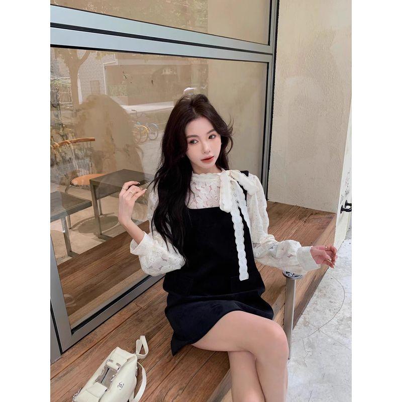 Kumikumi Graceful Flower Lace Tie Shirts Women Autumn Stacked Black Vest Dress