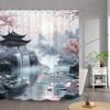 1Pc Asian Landscape Shower Curtain - Serene Watercolor Art With Misty Mountains, Cherry Blossoms, Pagoda, Waterfall & For Lotus