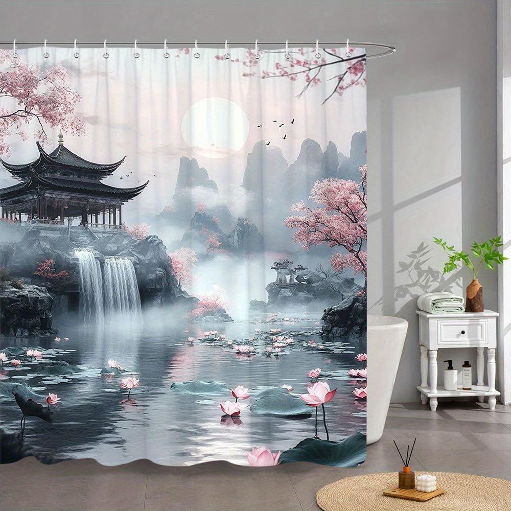 1Pc Asian Landscape Shower Curtain - Serene Watercolor Art With Misty Mountains, Cherry Blossoms, Pagoda, Waterfall & For Lotus