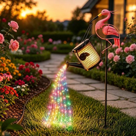Solar Flamingo Garden Lights Watering Can Light, Powered LED Waterproof Starlight Waterfall Effect Lamp Pathway Light with Stake for Patio Lawn