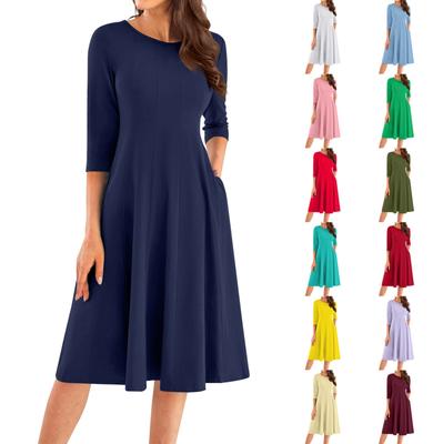 Women's Casual Fashion Round Neck Three Quarter Sleeve Solid Color Midi Dress