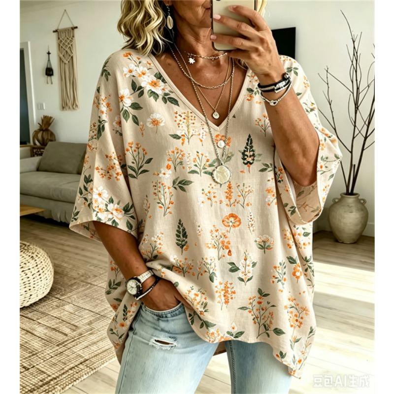 Plus-Size Women's V-Neck Batwing Sleeve T-Shirt Bohemian Ethnic Print Loose Top Summer Comfortable Breathable Daily Commute Casual Slimming Style