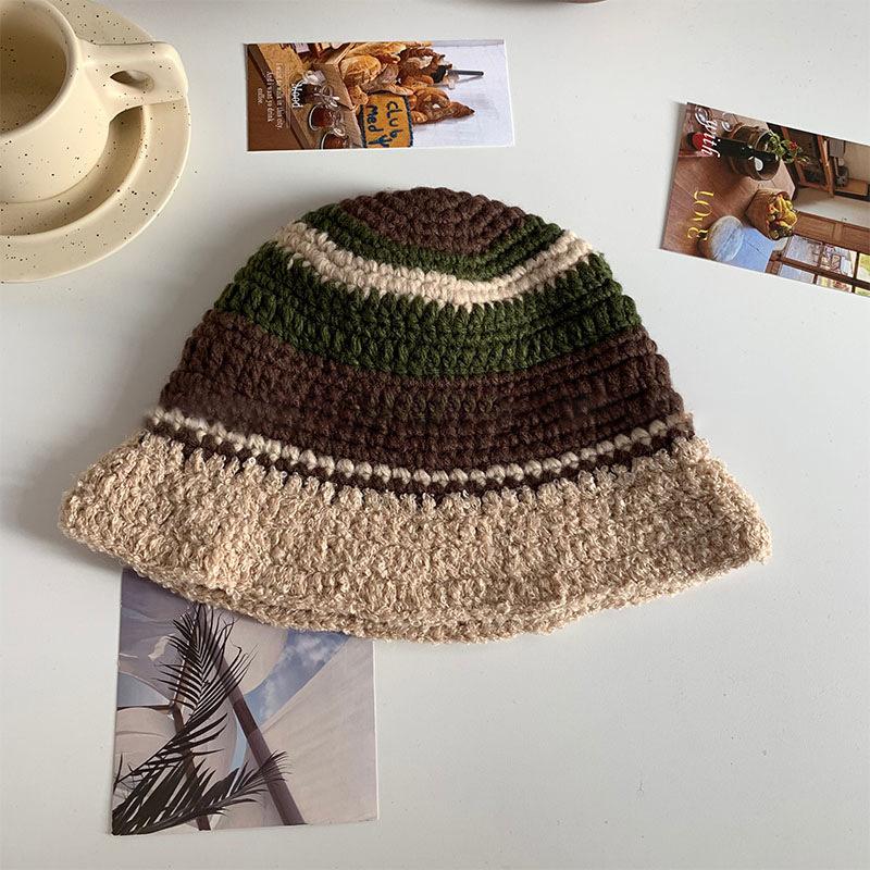 Warm and Cold Hat Versatile Wool Hat Winter Big Head Circumference Women's Face Small Colorful Striped Fisherman Hat Small Flower Pile Hat