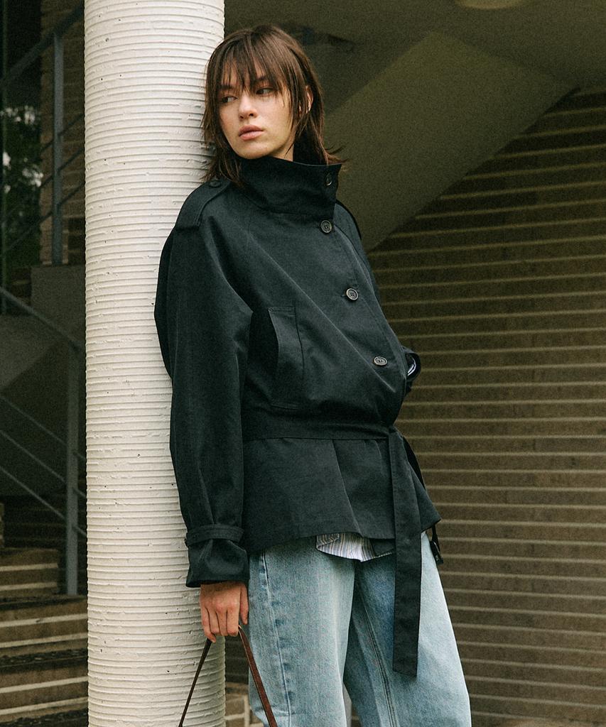 CITYBREEZE High-Neck Belted Half Trench Coat_Dark Navy