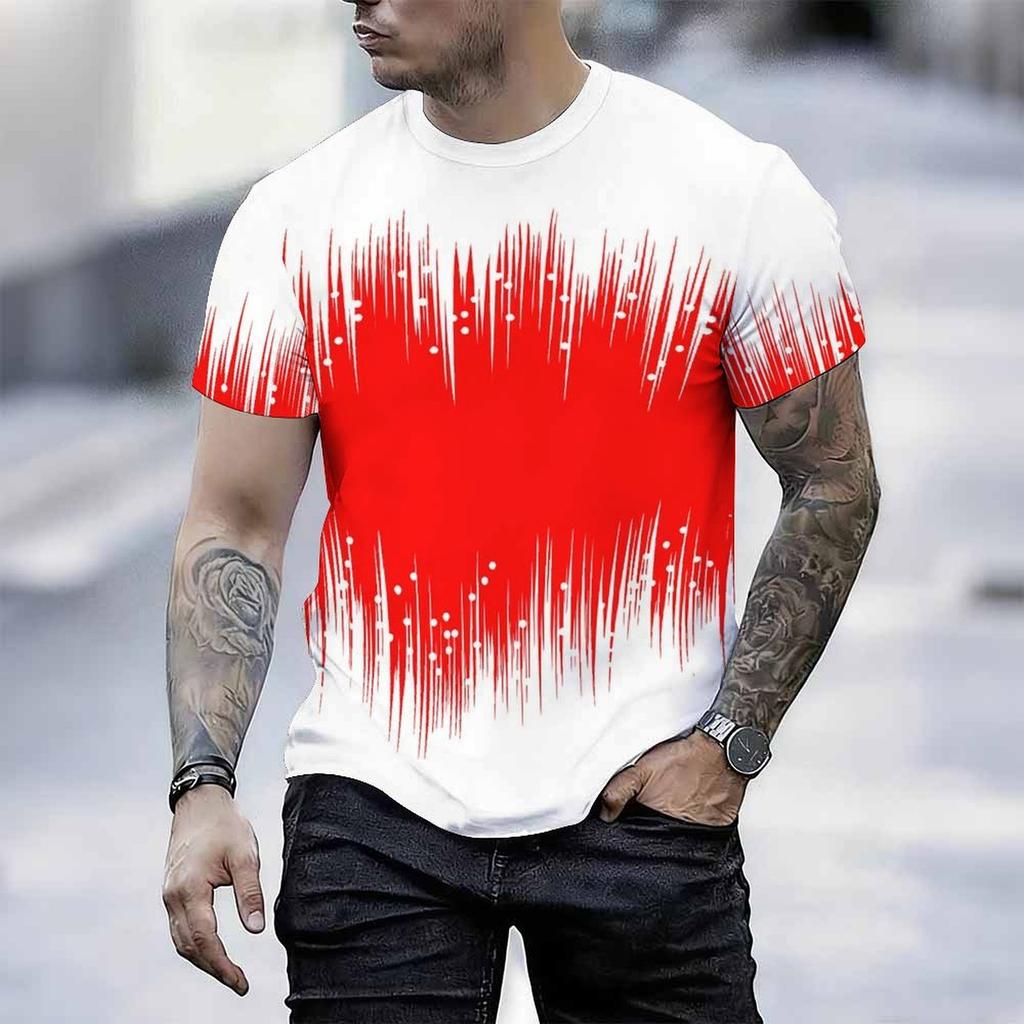 Women Short Sleeve Crew Neck T Shirt White Red Gradient Vertical Line Dot Abstract Print Top