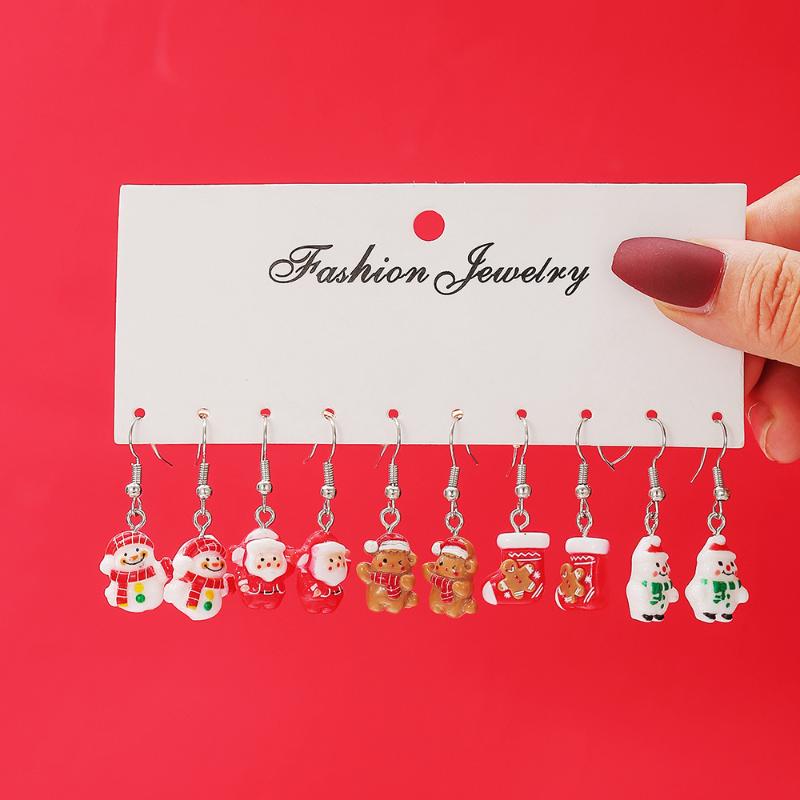 

5 пар сережок серії Різдво з мультяшними пряниковими чоловічками та різдвяними ялинками з полімерної смоли, милі святкові подарункові аксесуари