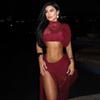 2026 Spring Women's Solid Color Mesh Cut-Out Cropped Top with Split Skirt Set