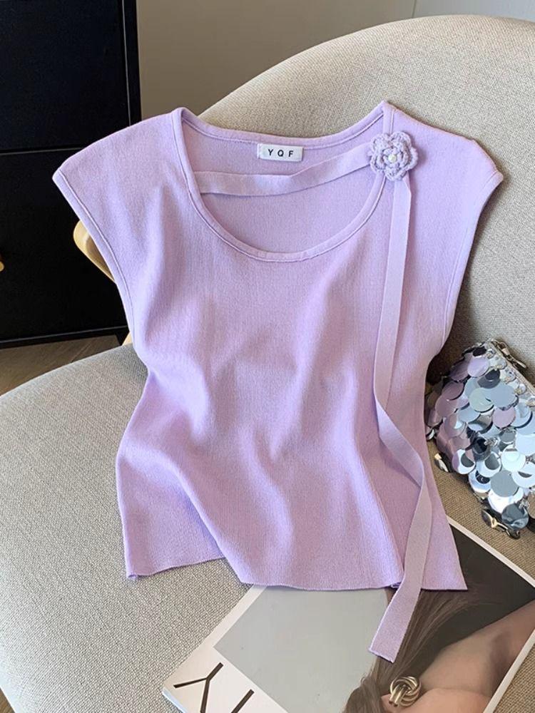 

Purple Halter Neck Flower Knit Top: Summer Chic Ruffle Sleeve Blouse with Ribbon Detailing for Women Medium