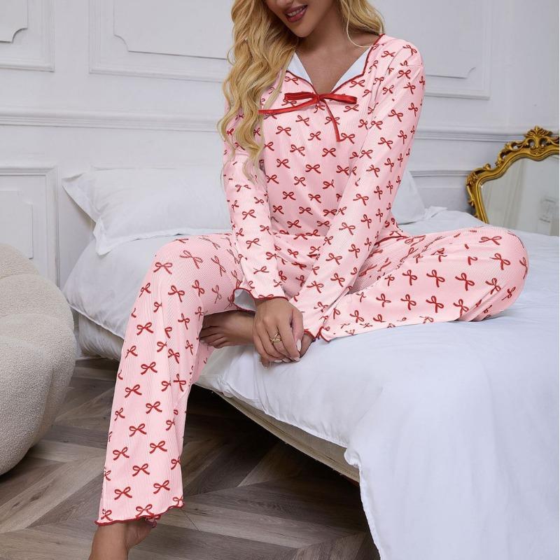 Women's Long-Sleeve Long-Pants Pajama Set with Small Collar Ribbed Texture and Bow