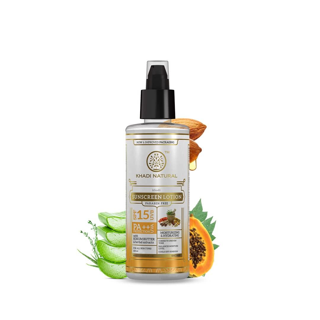 Khadi Natural Sunscreen SPF 15 PA++ Lotion 100 ml For Oily Skin No White Cast Non Sticky Paraben Free Daily Sun Care
