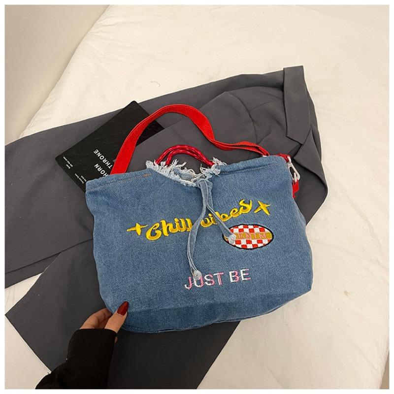 Trend embroidery casual versatile large capacity portable tote bag denim shoulder messenger bag