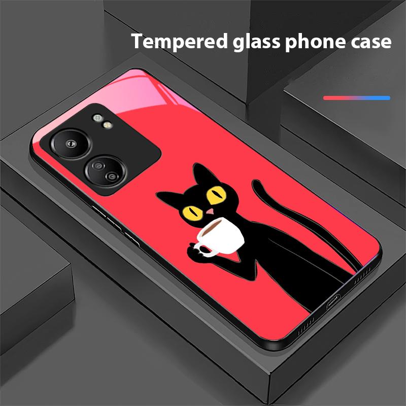 Kočky pijící kávu pro Xiaomi Redmi 13C Note13 12 Pro Plus 5G Note 9 13T Pro POCO X6 F5 F6 Černý kryt na telefon z tvrzeného skla