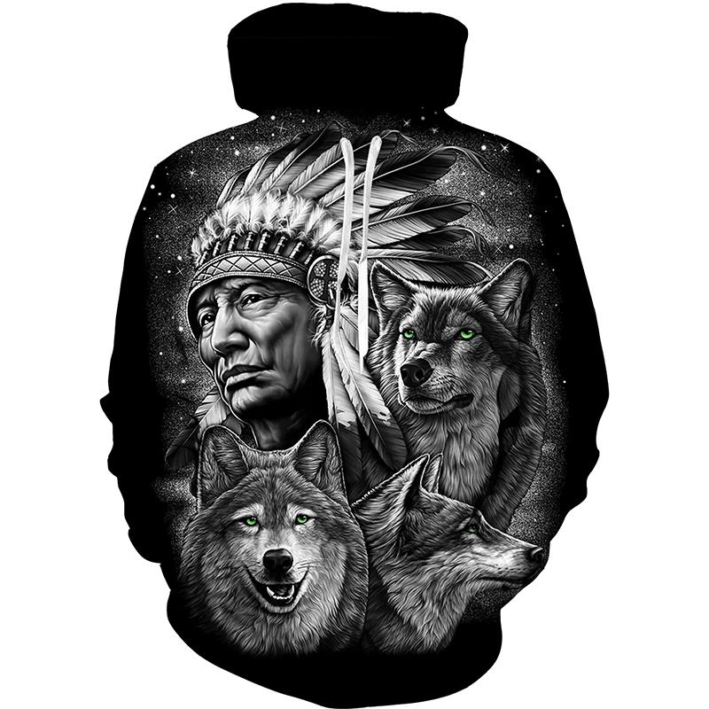 Colorful Jungle Chief Fleece Sweatshirt, Men's Thick Warm Hooded Pullover, Rich Scenic Native Chieftain Motif Hoodie for Artistic Street Matching