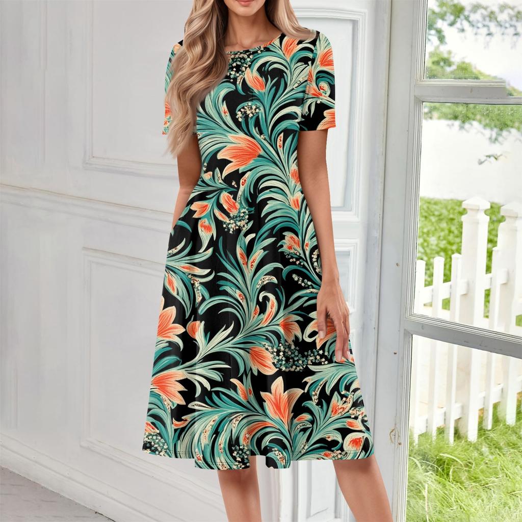 Women's Fashionable Print Round Neck Loose Short Sleeved Pocket Pullover Dress