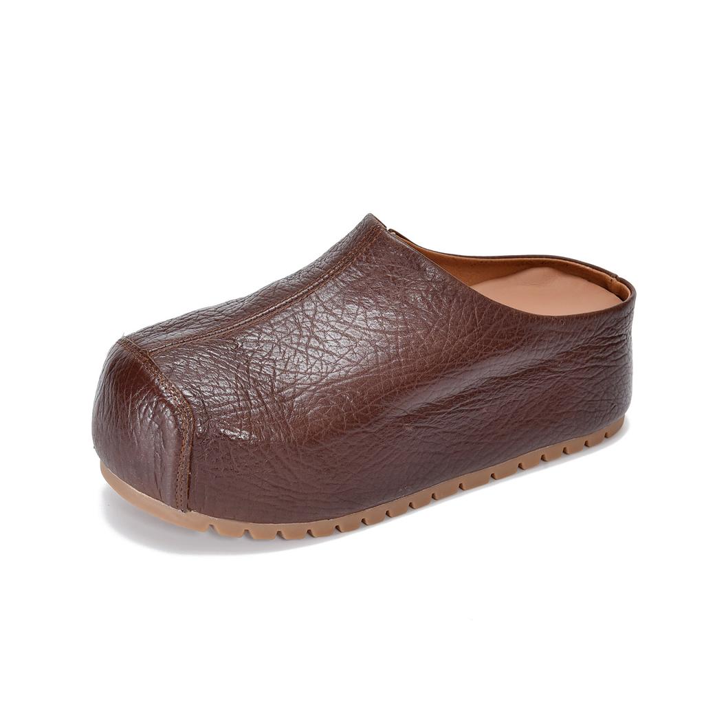 Johnature Genuine Leather Height-increasing Sandals Versatile Thick Soled Round Toe Women's Outdoor Slippers
