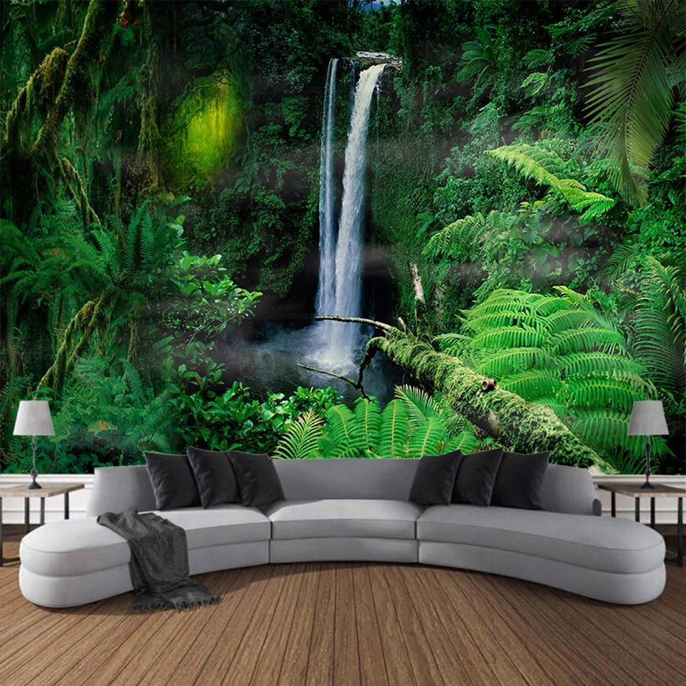 Природный пейзаж Гобелен Комната Искусство Солнечный свет Лес Водопад Главная Стена — фото 3